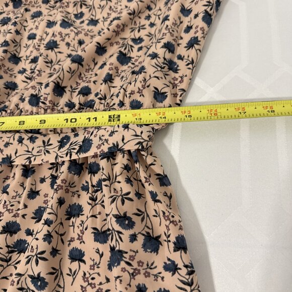 LOFT Maxi Women's Size LG Tan Blue Floral V Neck Spring With tie Belt & pockets - Picture 11 of 16